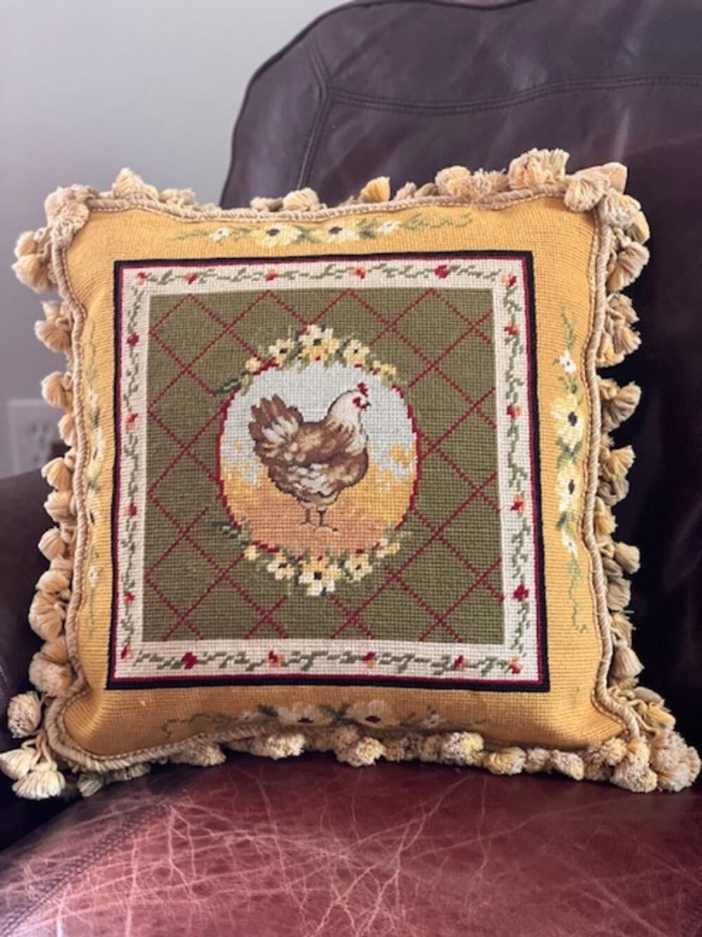Vintage Aubusson Style Needlepoint Hen Chicken Pillow Tassel Fringe 17" Cottage
